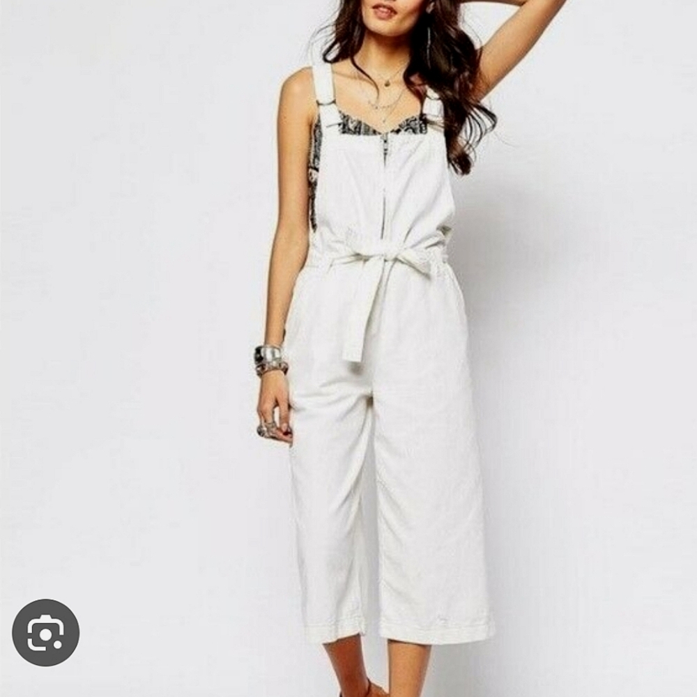 Free People Wide Leg Zip Front White Jumpsuit